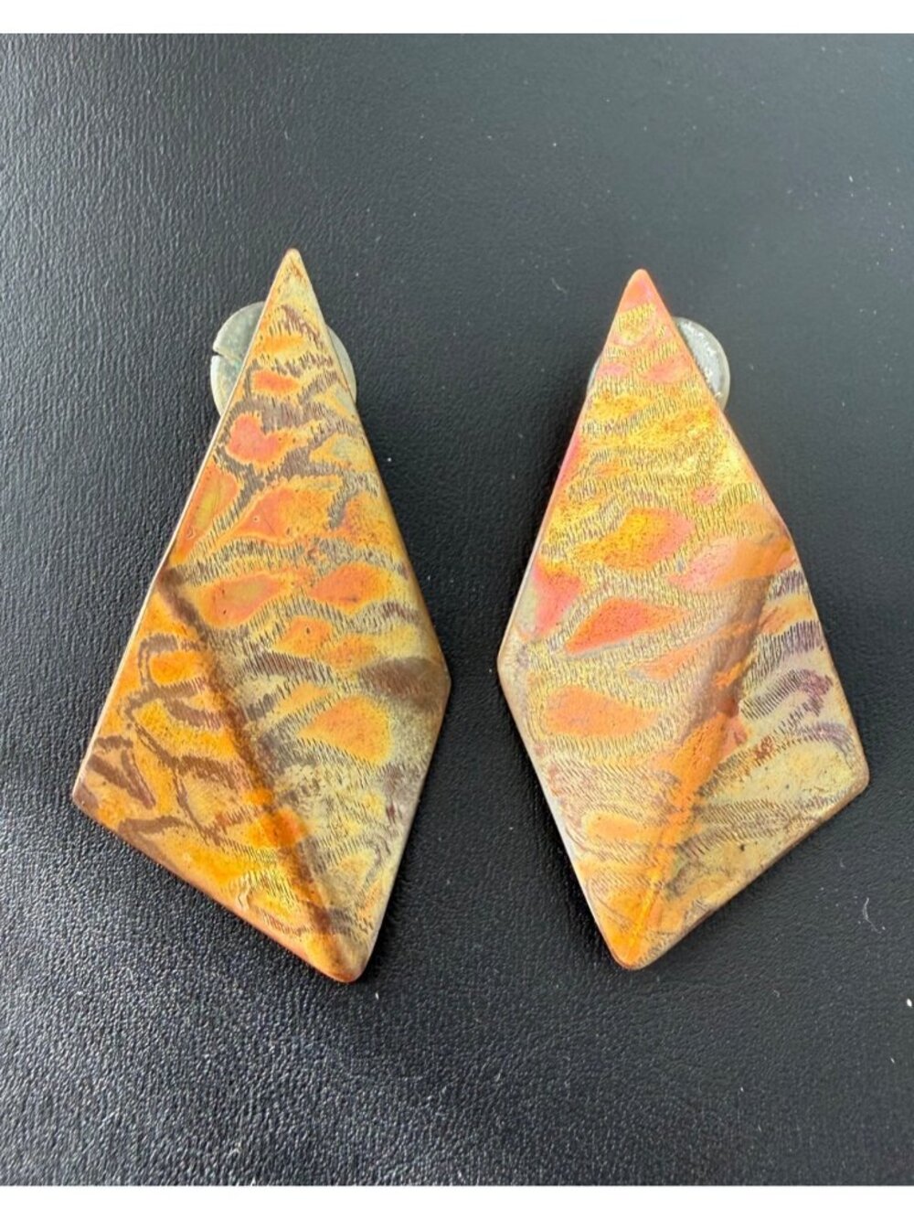 Vintage Earrings Stud Geometric Abstract Textured Statement Copper Tone 2 inches